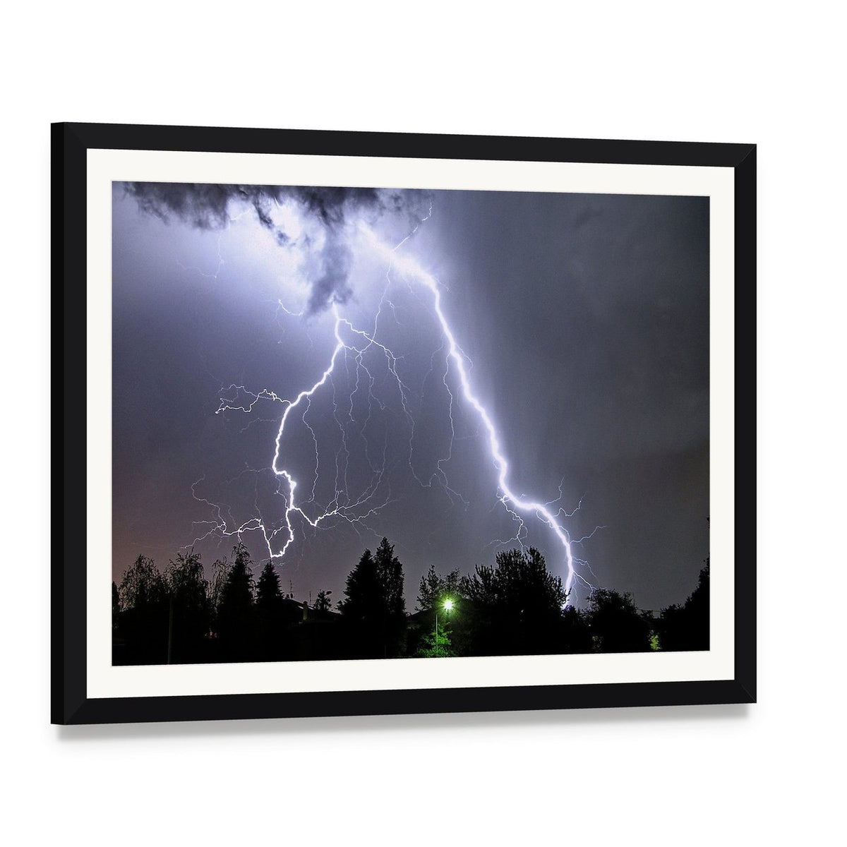 Lightning in Summer Storm Canvas Wall Art, framed print with white mat and black frame, angled product view