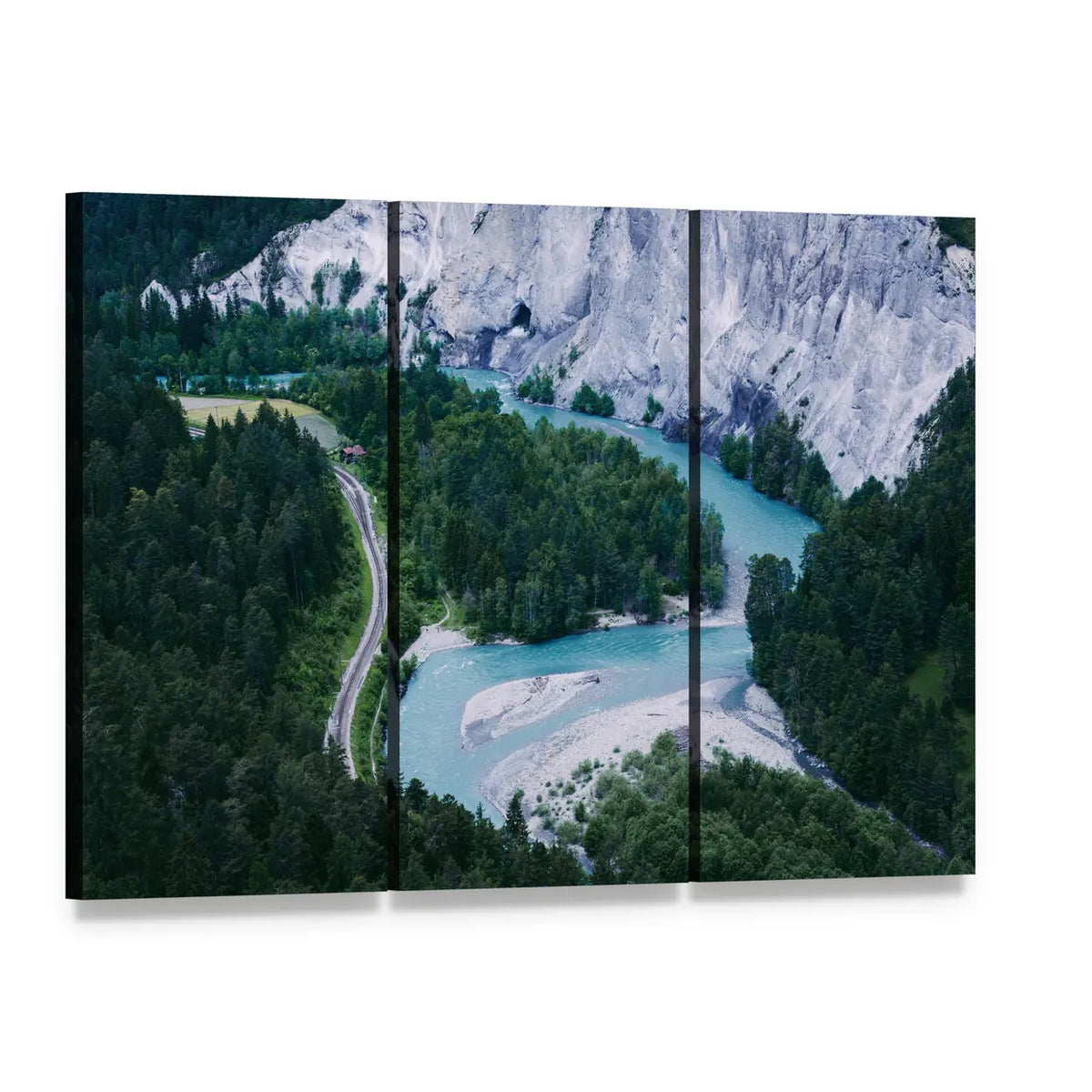 Ruinaulta Canyon Over Turquoise River Canvas Wall Art, 3 panel 3 Horizontal layout gallery wrapped canvas set, angled product view