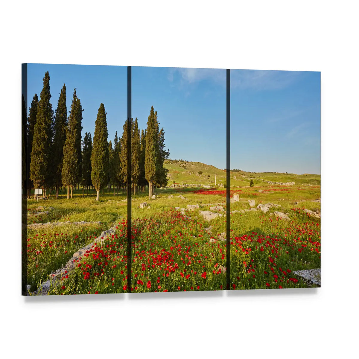 Ancient City Ruins in Turkey with Cypress and Poppies Canvas Wall Art, 3 panel 3 Horizontal layout gallery wrapped canvas set, angled product view