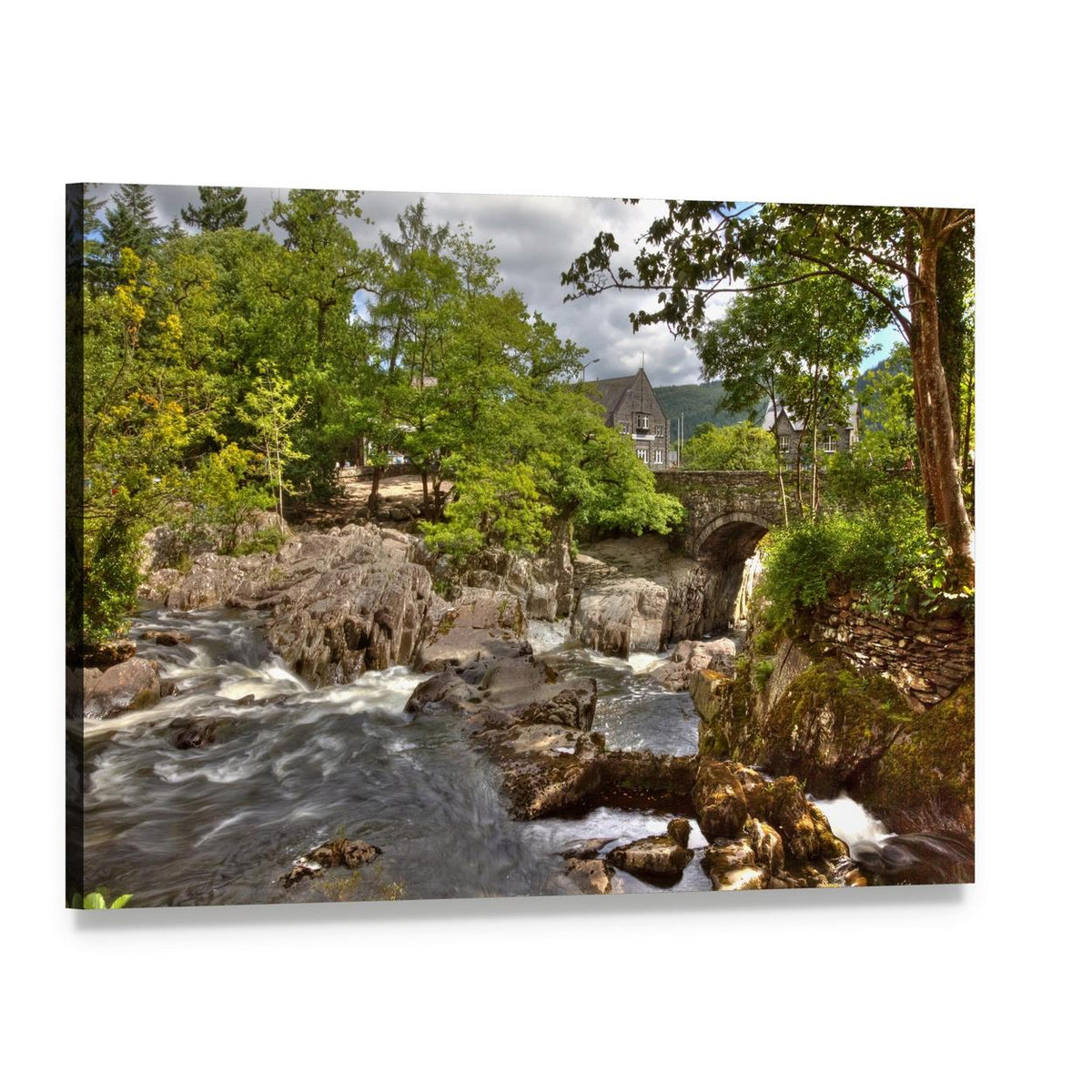 Stone Bridge Over River Rapids Canvas Wall Art, single panel gallery wrapped canvas, angled product view