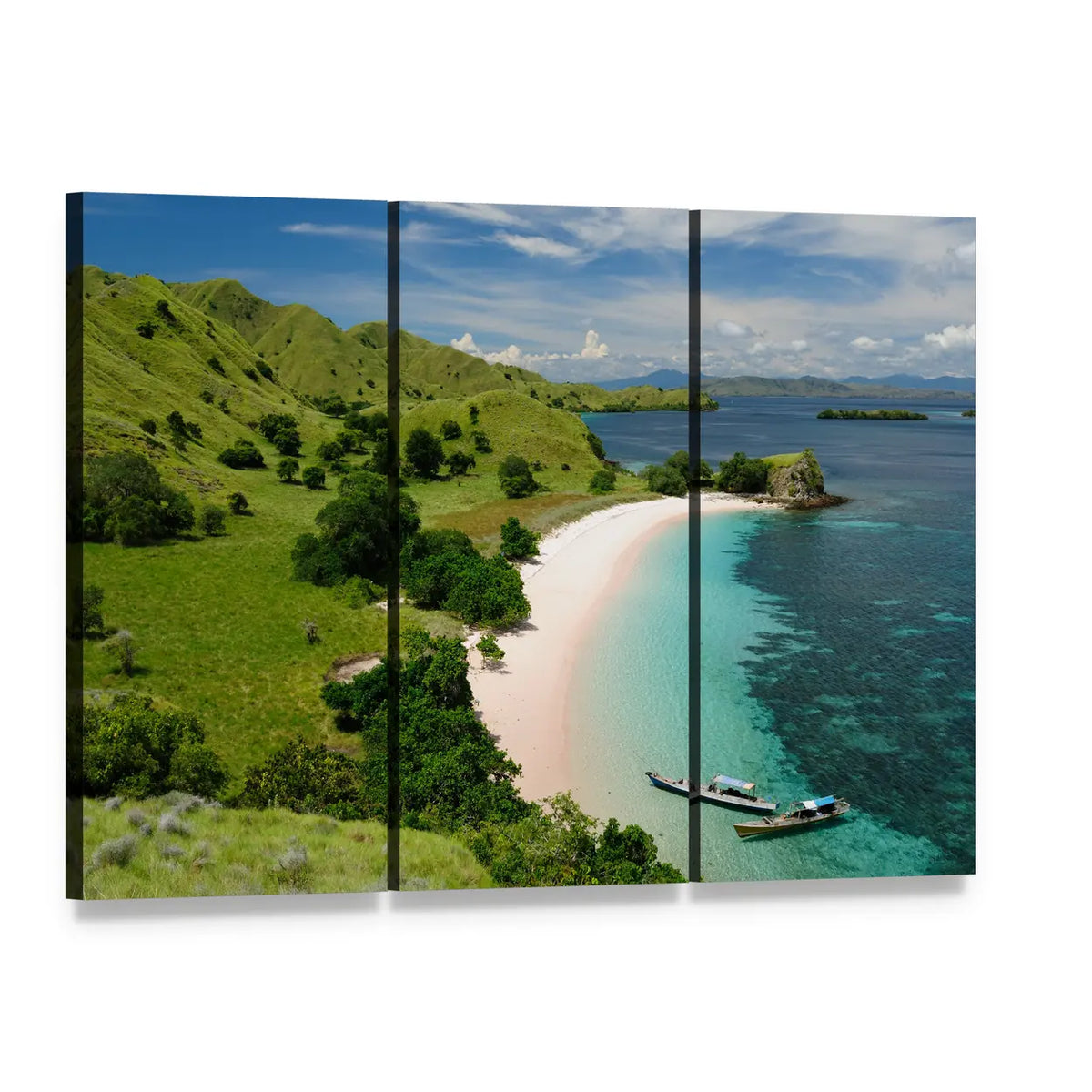 Komodo National Park Pink Sand Beach Canvas Wall Art, 3 panel 3 Horizontal layout gallery wrapped canvas set, angled product view