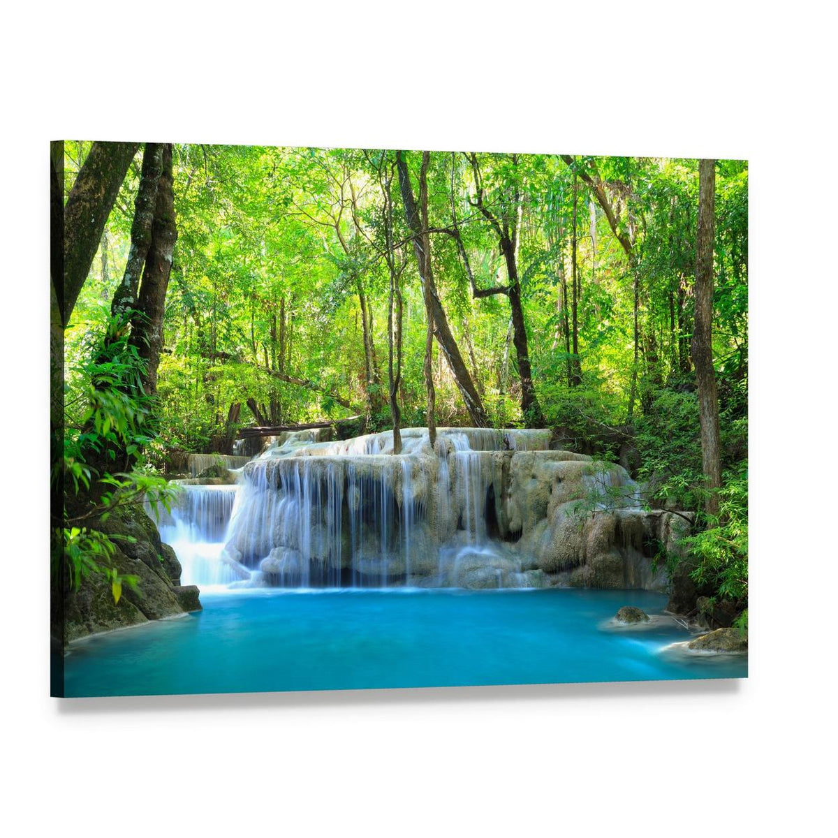 Erawan Waterfall with Lush Pool Canvas Wall Art, single panel gallery wrapped canvas, angled product view