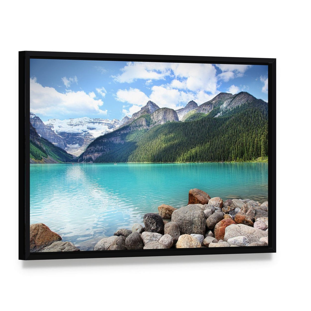 Lake Louise Alberta Artwork Canvas Wall Art, framed canvas in a black floater frame, angled product view