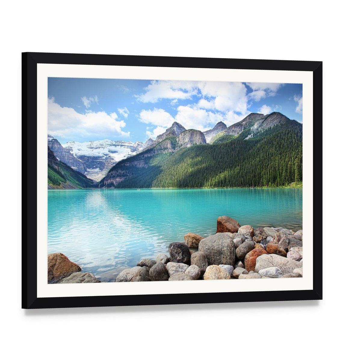Lake Louise Alberta Artwork Canvas Wall Art, framed print with white mat and black frame, angled product view