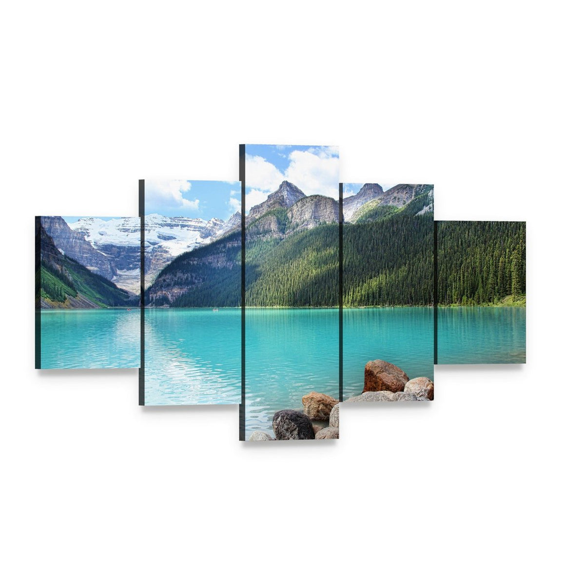 Lake Louise Alberta Artwork Canvas Wall Art, 5 panel 5 Star layout gallery wrapped canvas set, angled product view