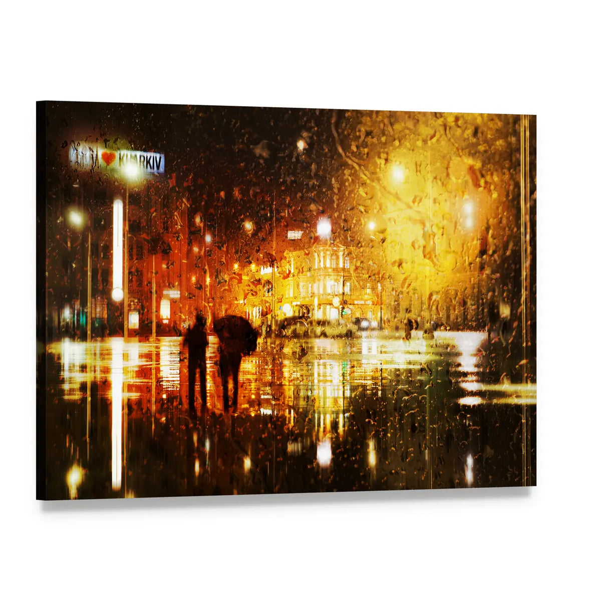 The Couple At The Rain In The City Canvas Wall Art, single panel gallery wrapped canvas, angled product view