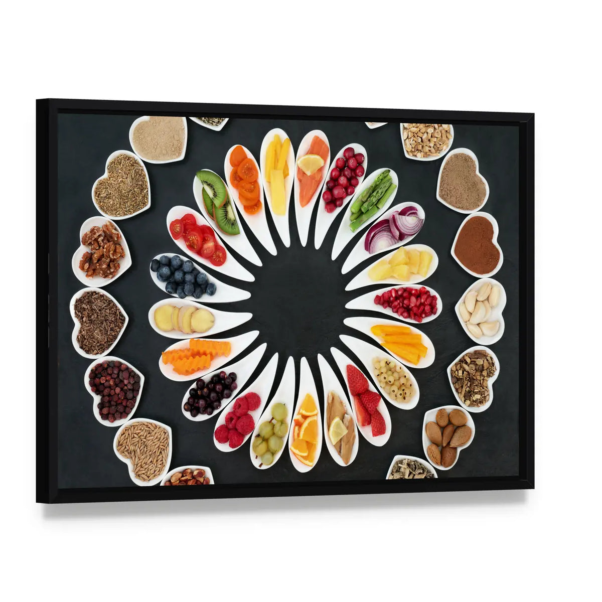 Food For A Healthy Heart Canvas Wall Art, framed canvas in a black floater frame, angled product view