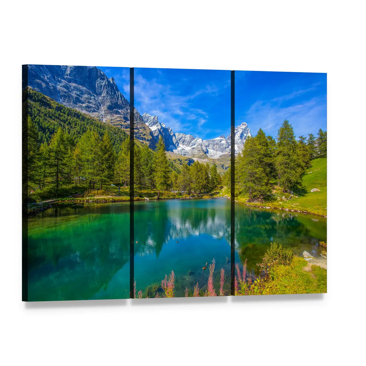 Blue Lake and Matterhorn Canvas Wall Art, 3 panel 3 Horizontal layout gallery wrapped canvas set, angled product view