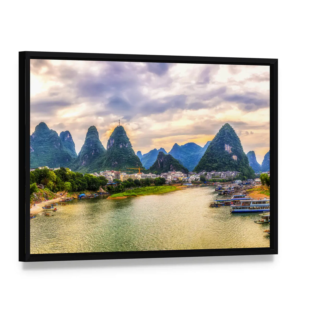 Karst Mountains and River at Sunset Canvas Wall Art, framed canvas in a black floater frame, angled product view