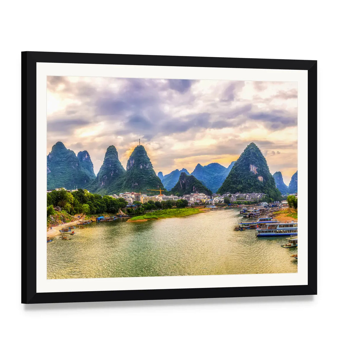 Karst Mountains and River at Sunset Canvas Wall Art, framed print with white mat and black frame, angled product view