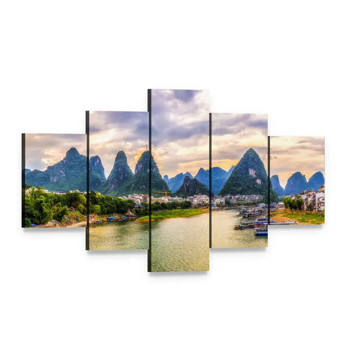 Karst Mountains and River at Sunset Canvas Wall Art, 5 panel 5 Star layout gallery wrapped canvas set, angled product view