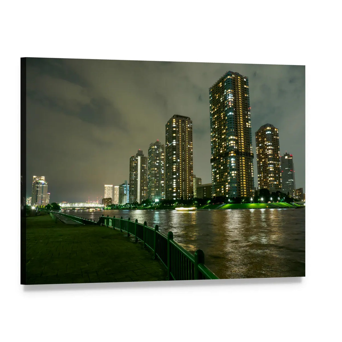 Riverside Promenade at Night Canvas Wall Art, single panel gallery wrapped canvas, angled product view