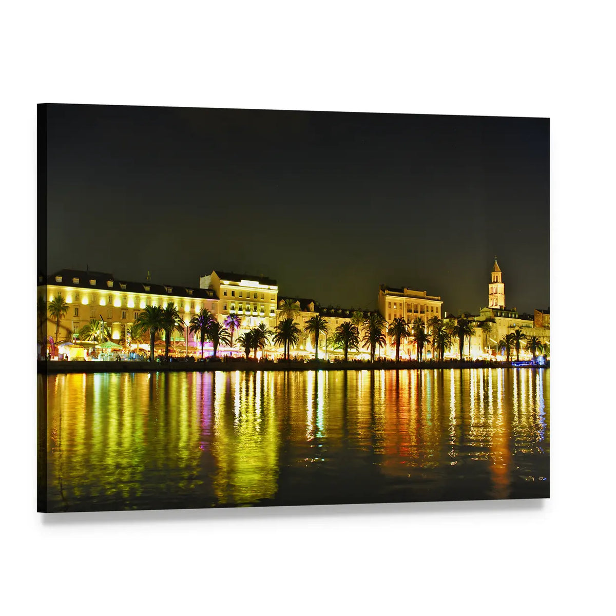 Old Town Night Harbor with Bell Tower, Croatia Canvas Wall Art, single panel gallery wrapped canvas, angled product view
