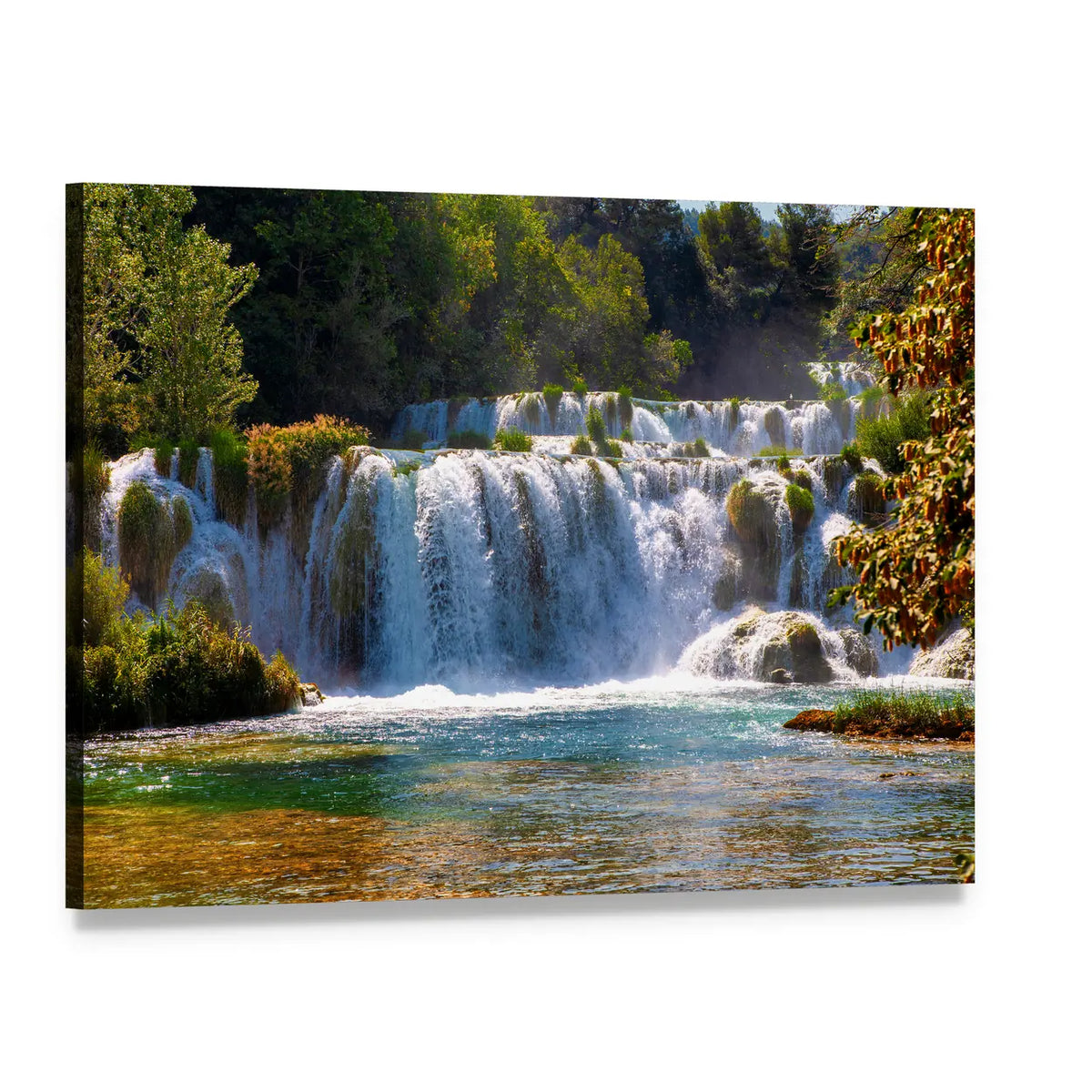 Cascading River Waterfalls in Lush Forest Canvas Wall Art, single panel gallery wrapped canvas, angled product view