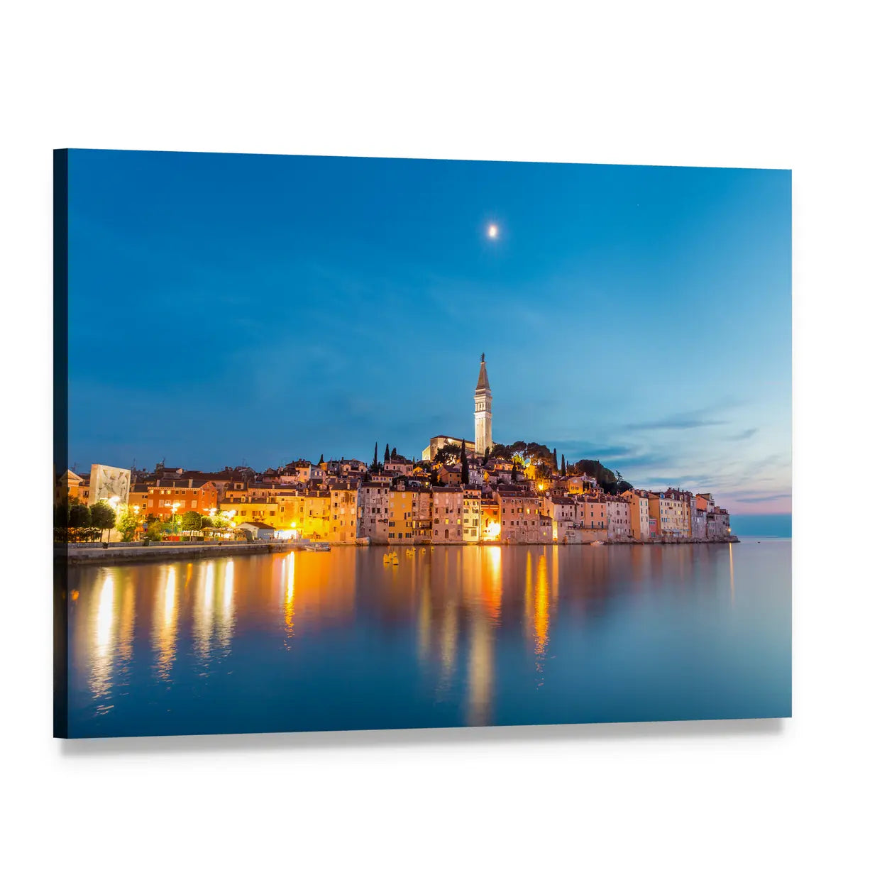 Rovinj Dusk Skyline with Church Tower Canvas Wall Art, single panel gallery wrapped canvas, angled product view