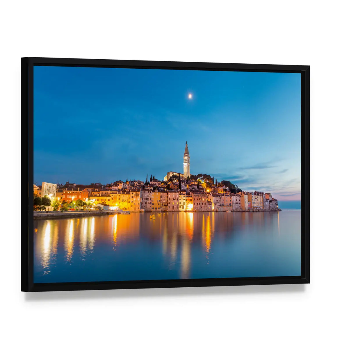 Rovinj Dusk Skyline with Church Tower Canvas Wall Art, framed canvas in a black floater frame, angled product view