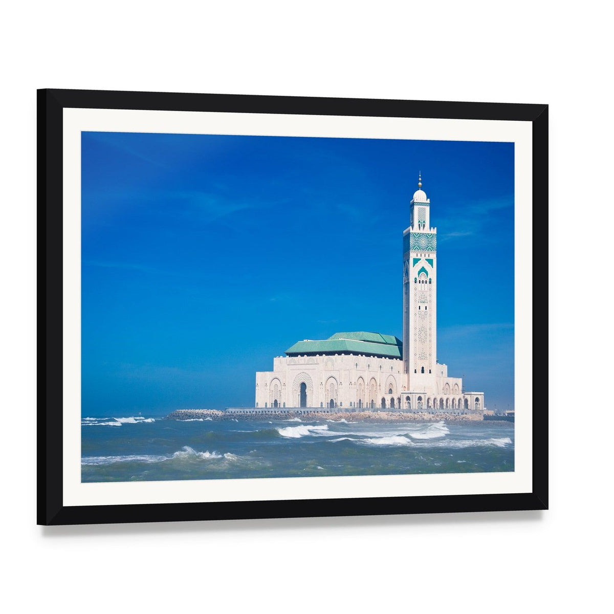 Hassan Ii Mosque, Casablanca Canvas Wall Art, framed print with white mat and black frame, angled product view
