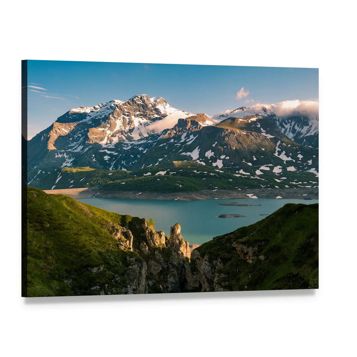 Lake and Snowcapped Mountain Range Canvas Wall Art, single panel gallery wrapped canvas, angled product view