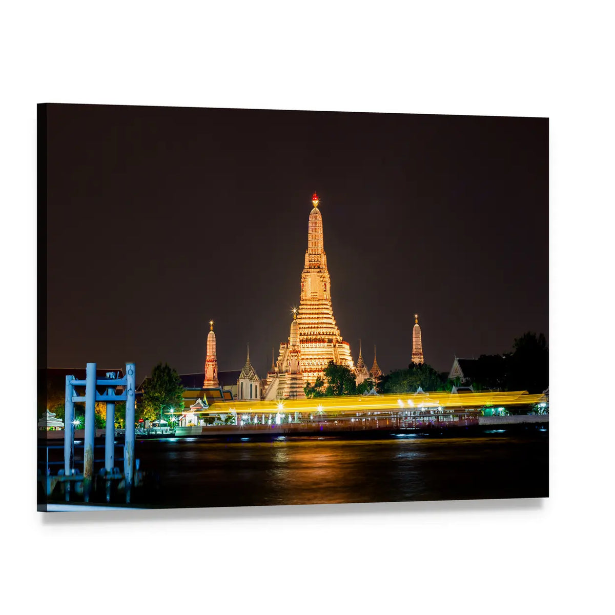 Wat Arun Ratchawararam Temple Night View Canvas Wall Art, single panel gallery wrapped canvas, angled product view