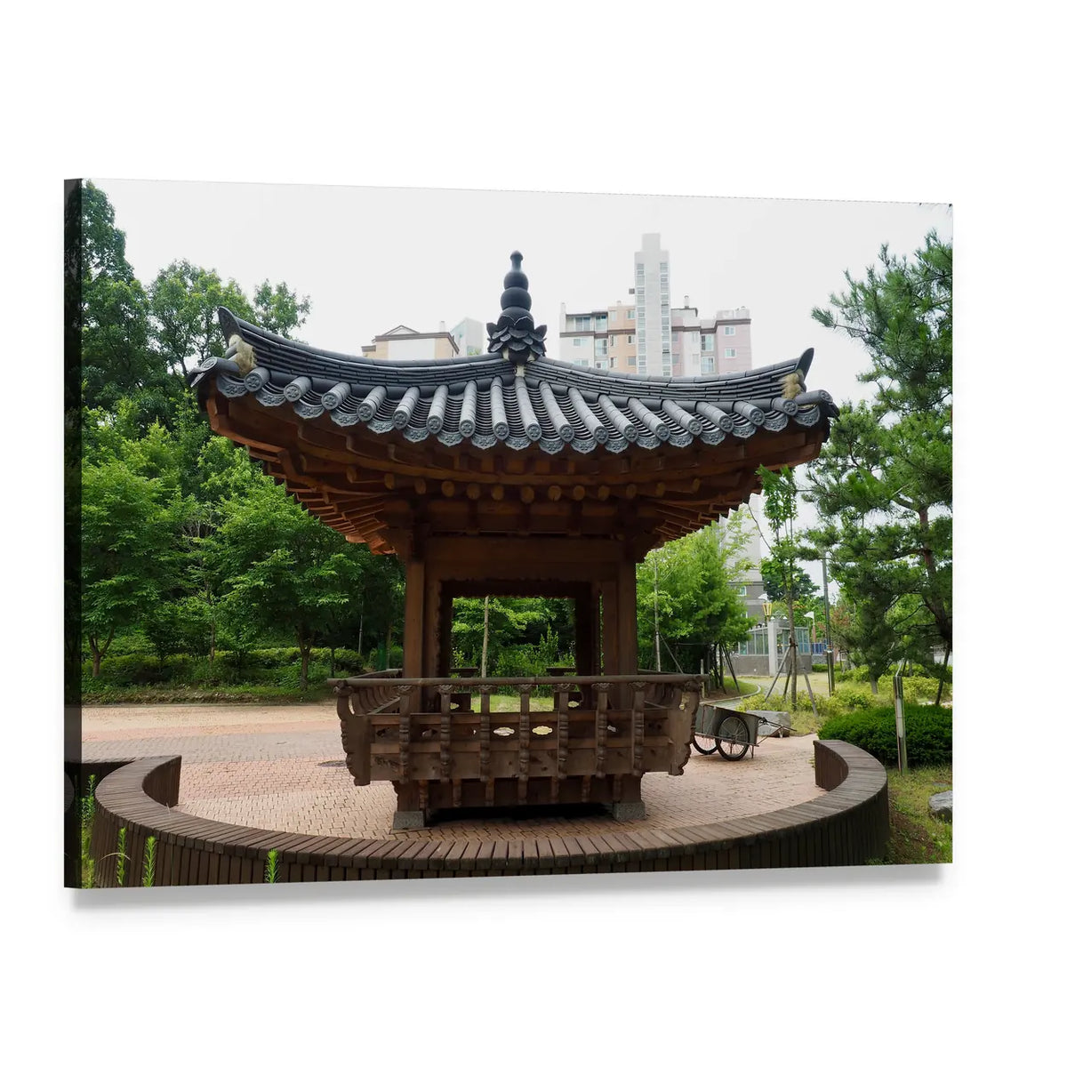 Traditional Korean Pavilion in Park Canvas Wall Art, single panel gallery wrapped canvas, angled product view