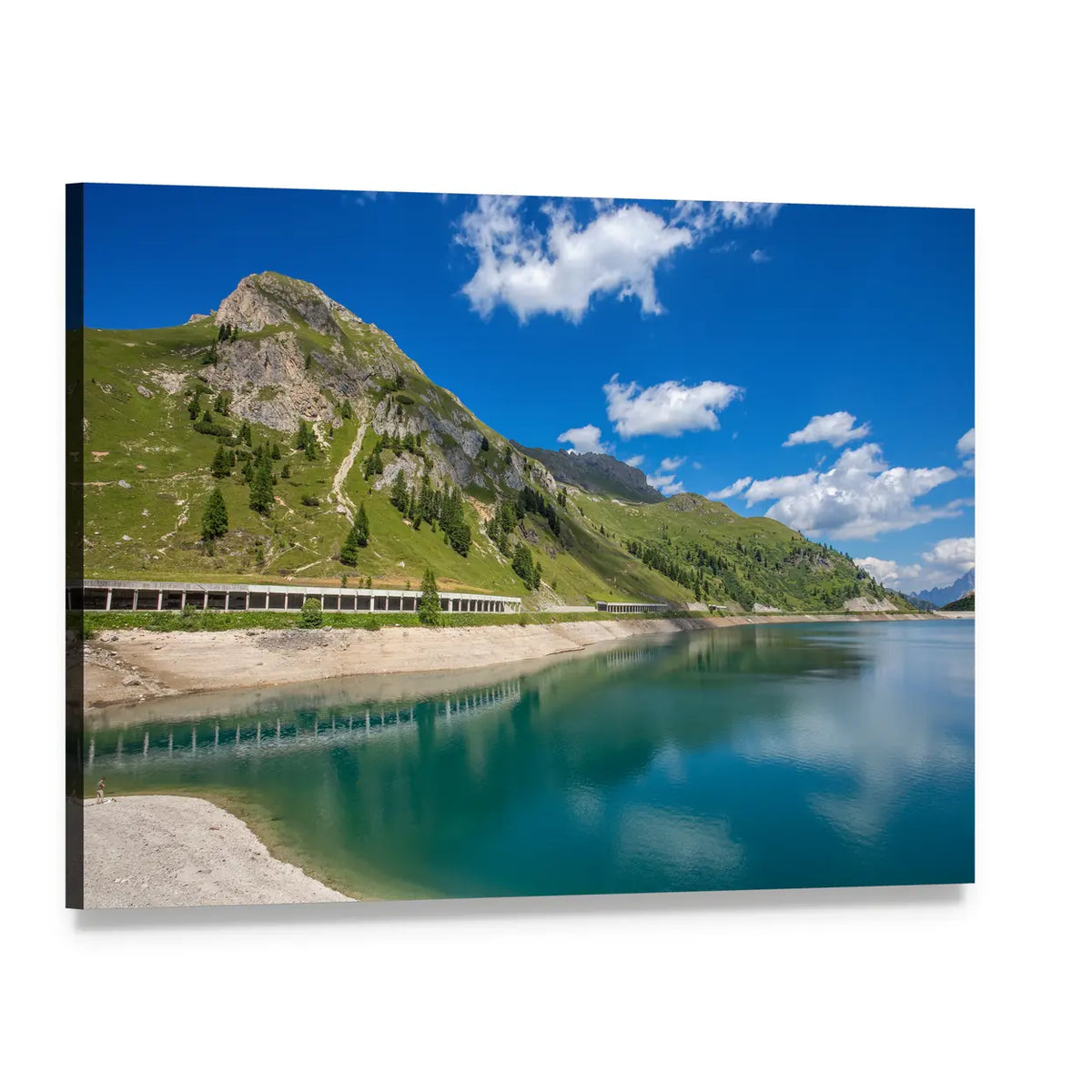 Fedaia Lake Landscape Canvas Wall Art, single panel gallery wrapped canvas, angled product view