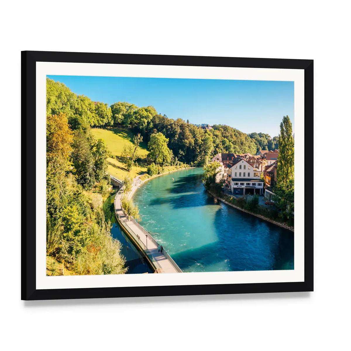 Bern Old Town River Bridge Canvas Wall Art, framed print with white mat and black frame, angled product view