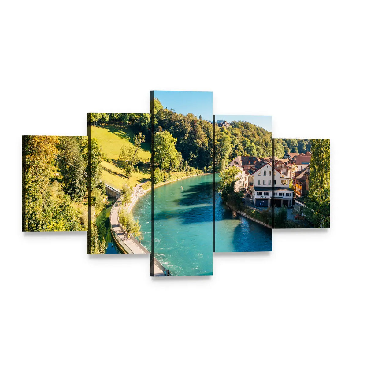 Bern Old Town River Bridge Canvas Wall Art, 5 panel 5 Star layout gallery wrapped canvas set, angled product view