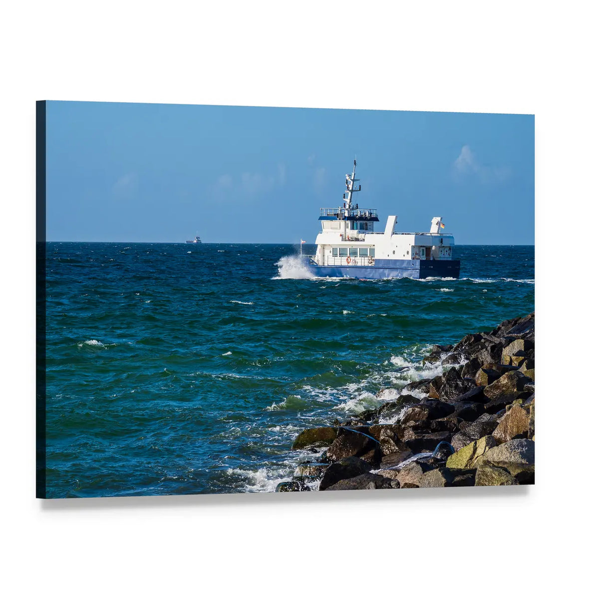 Ferry on Baltic Sea with Jagged Rocks Canvas Wall Art, single panel gallery wrapped canvas, angled product view