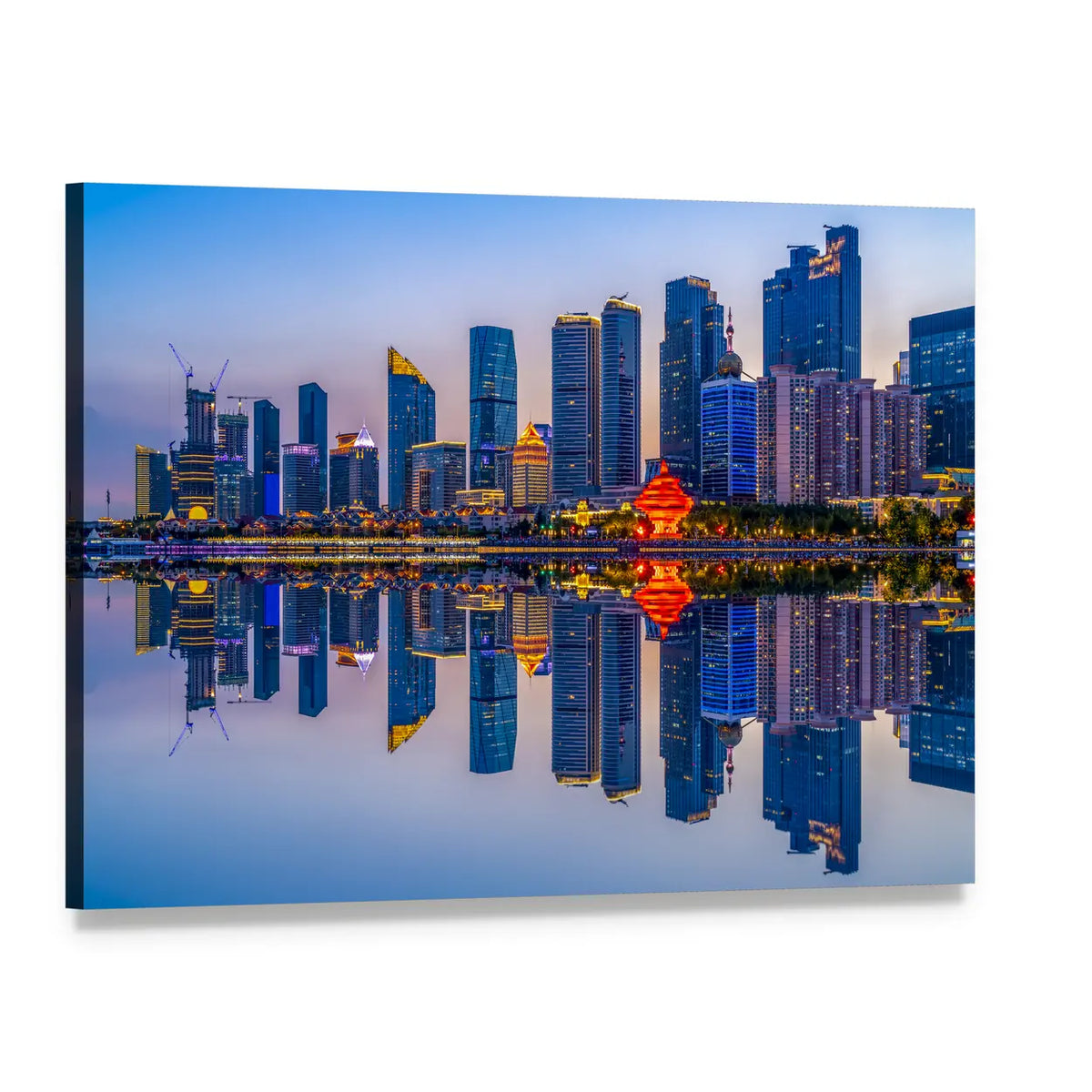 Qingdao City Lights Reflection Canvas Wall Art, single panel gallery wrapped canvas, angled product view