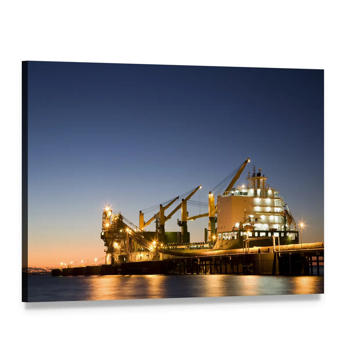Illuminated Cargo Ship at Night Canvas Wall Art, single panel gallery wrapped canvas, angled product view
