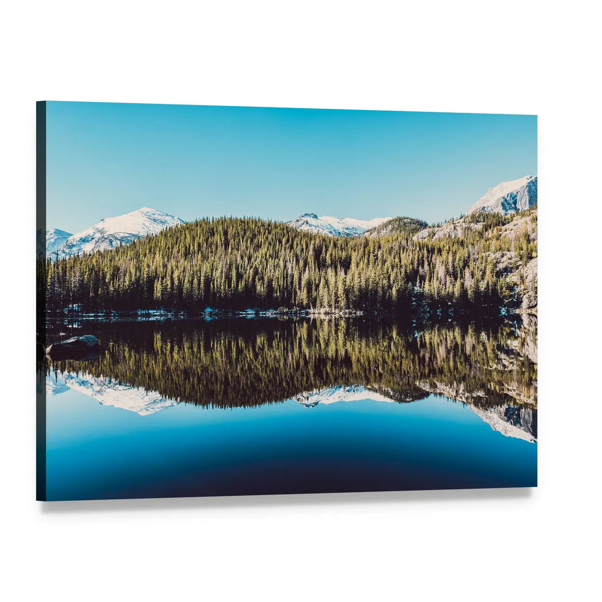 Forest Reflection on Mountain Lake Canvas Wall Art, single panel gallery wrapped canvas, angled product view
