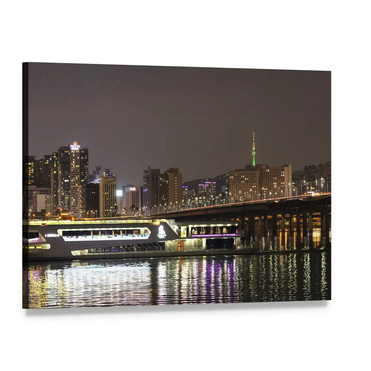 Night City Skyline with Bridge Reflection Canvas Wall Art, single panel gallery wrapped canvas, angled product view