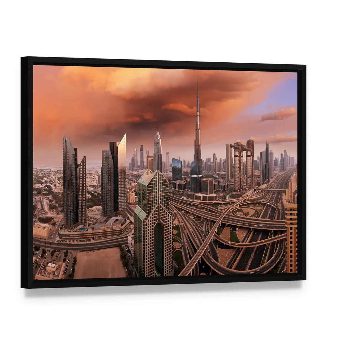 Dubai Skyline with Burj Khalifa Canvas Wall Art, framed canvas in a black floater frame, angled product view