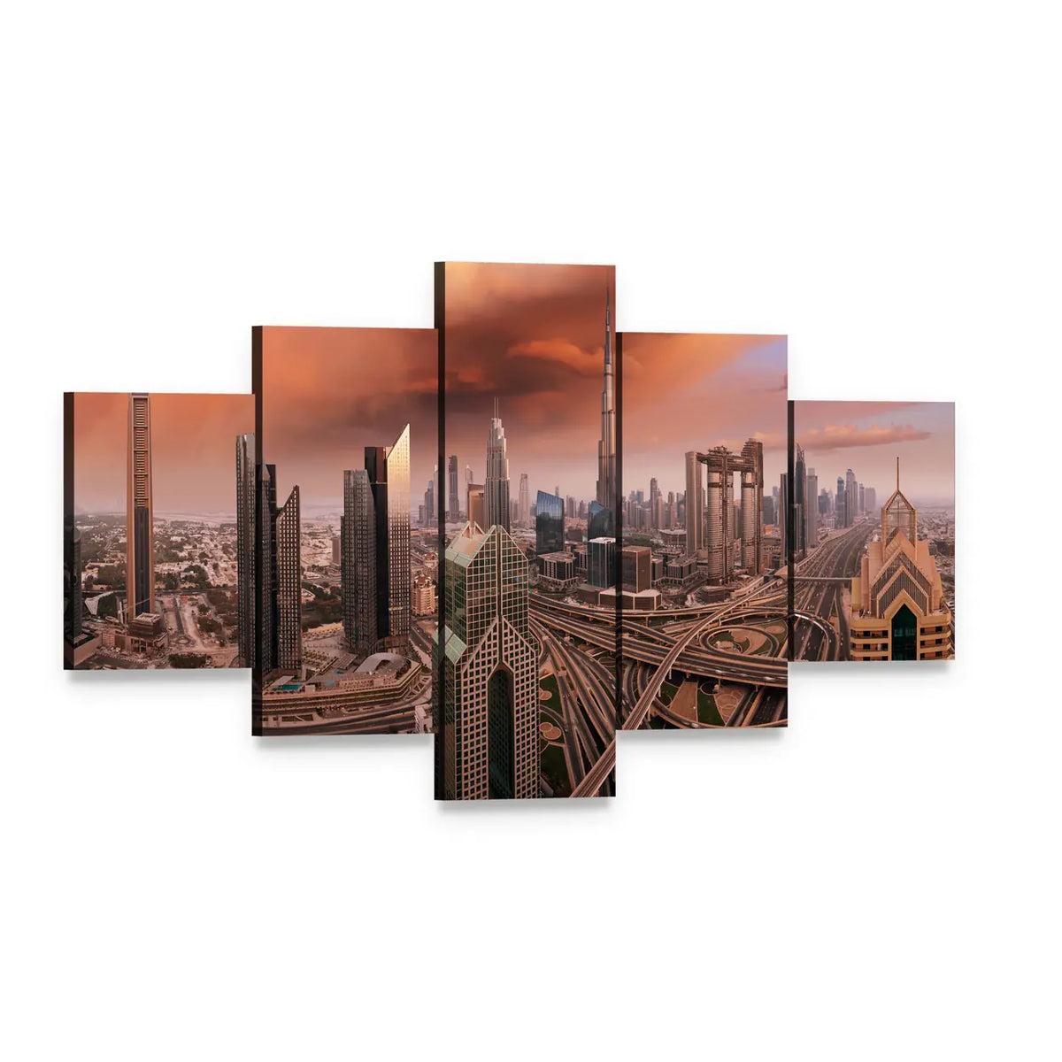 Dubai Skyline with Burj Khalifa Canvas Wall Art, 5 panel 5 Star layout gallery wrapped canvas set, angled product view