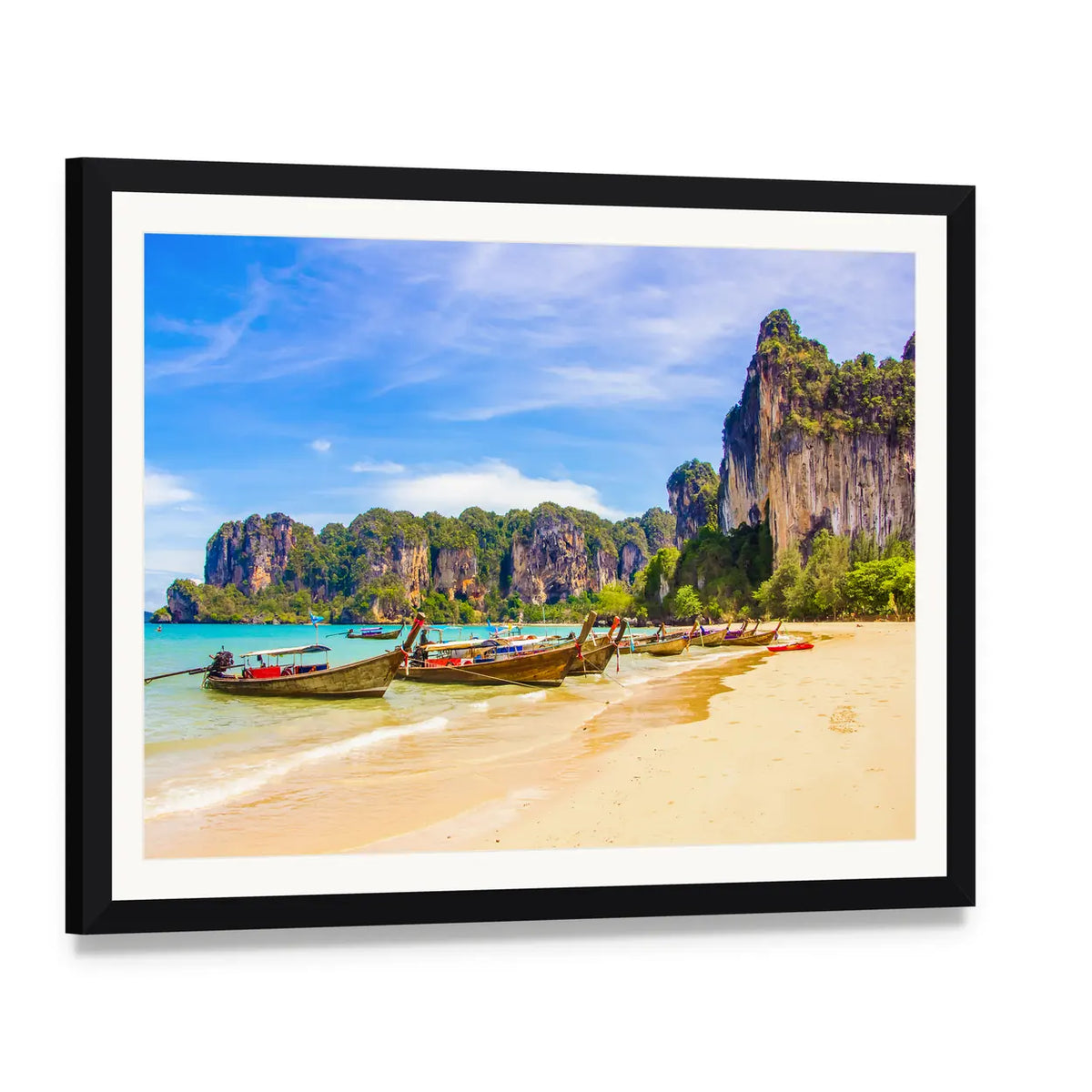 Paradise Railay Beach, Krabi Canvas Wall Art, framed print with white mat and black frame, angled product view