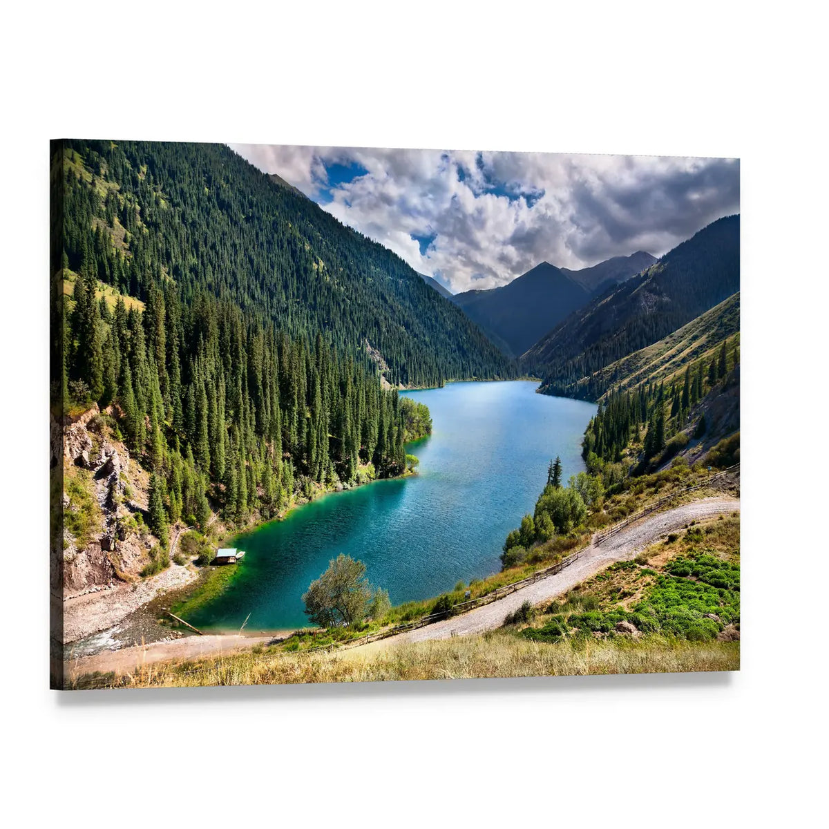 Lake Kolsai Alpine Landscape Canvas Wall Art, single panel gallery wrapped canvas, angled product view
