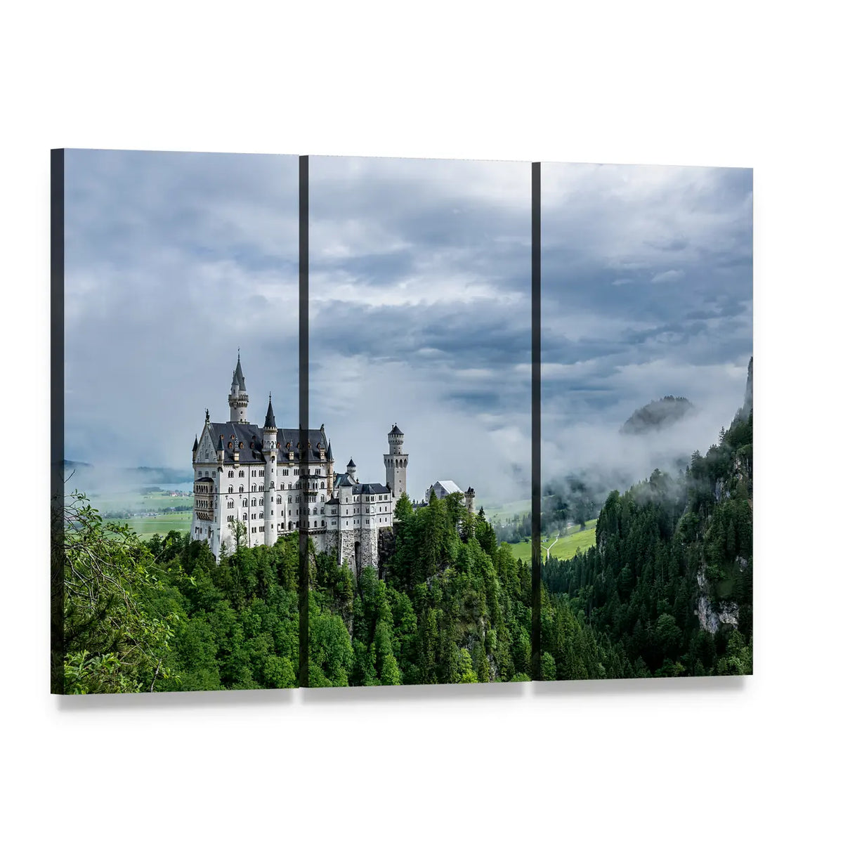 Neuschwanstein Castle on a Forested Hill Canvas Wall Art, 3 panel 3 Horizontal layout gallery wrapped canvas set, angled product view