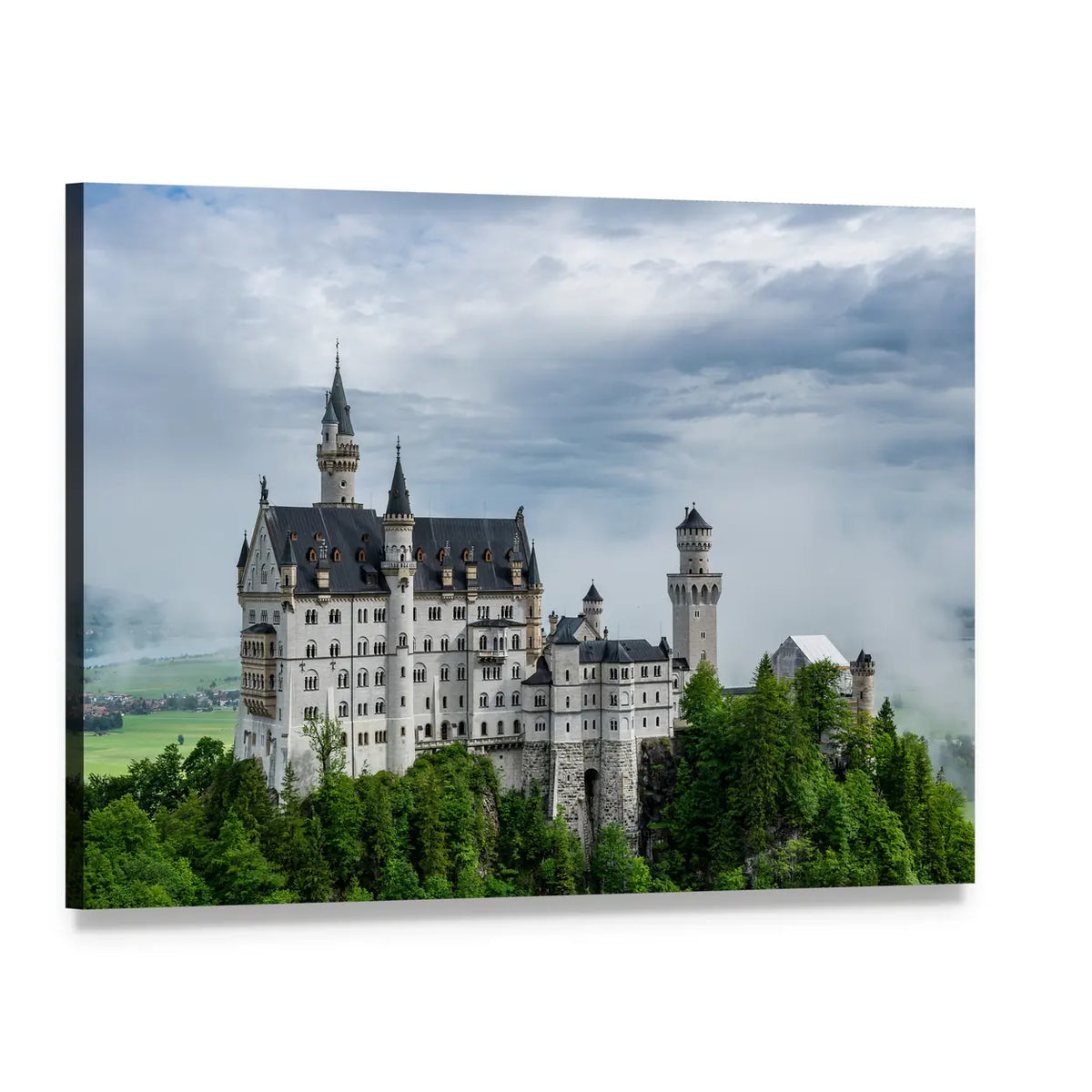 Neuschwanstein Castle in Misty Mountains Canvas Wall Art, single panel gallery wrapped canvas, angled product view
