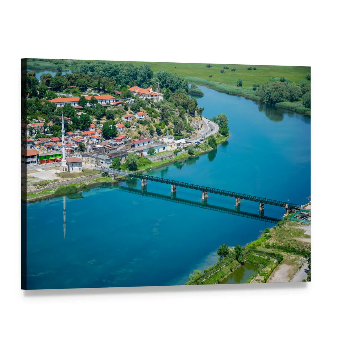 Bridge Over Blue River and Hillside Town Canvas Wall Art, single panel gallery wrapped canvas, angled product view