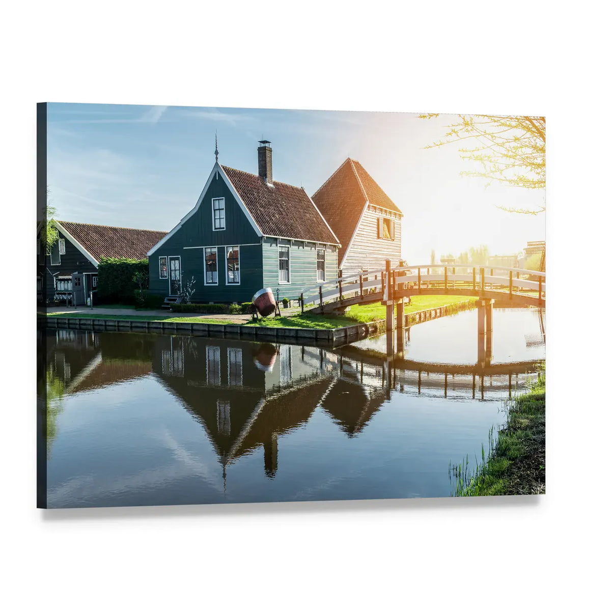 Dutch Canal Houses with Wooden Bridge Canvas Wall Art, single panel gallery wrapped canvas, angled product view