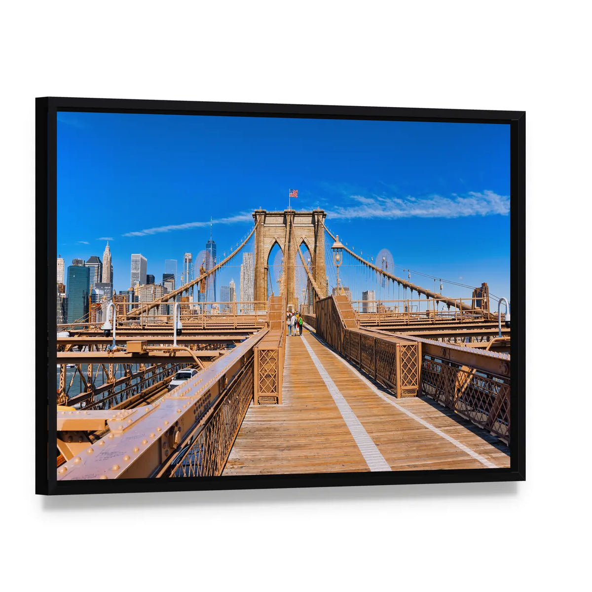Lower Manhattan from Brooklyn Bridge Canvas Wall Art, framed canvas in a black floater frame, angled product view