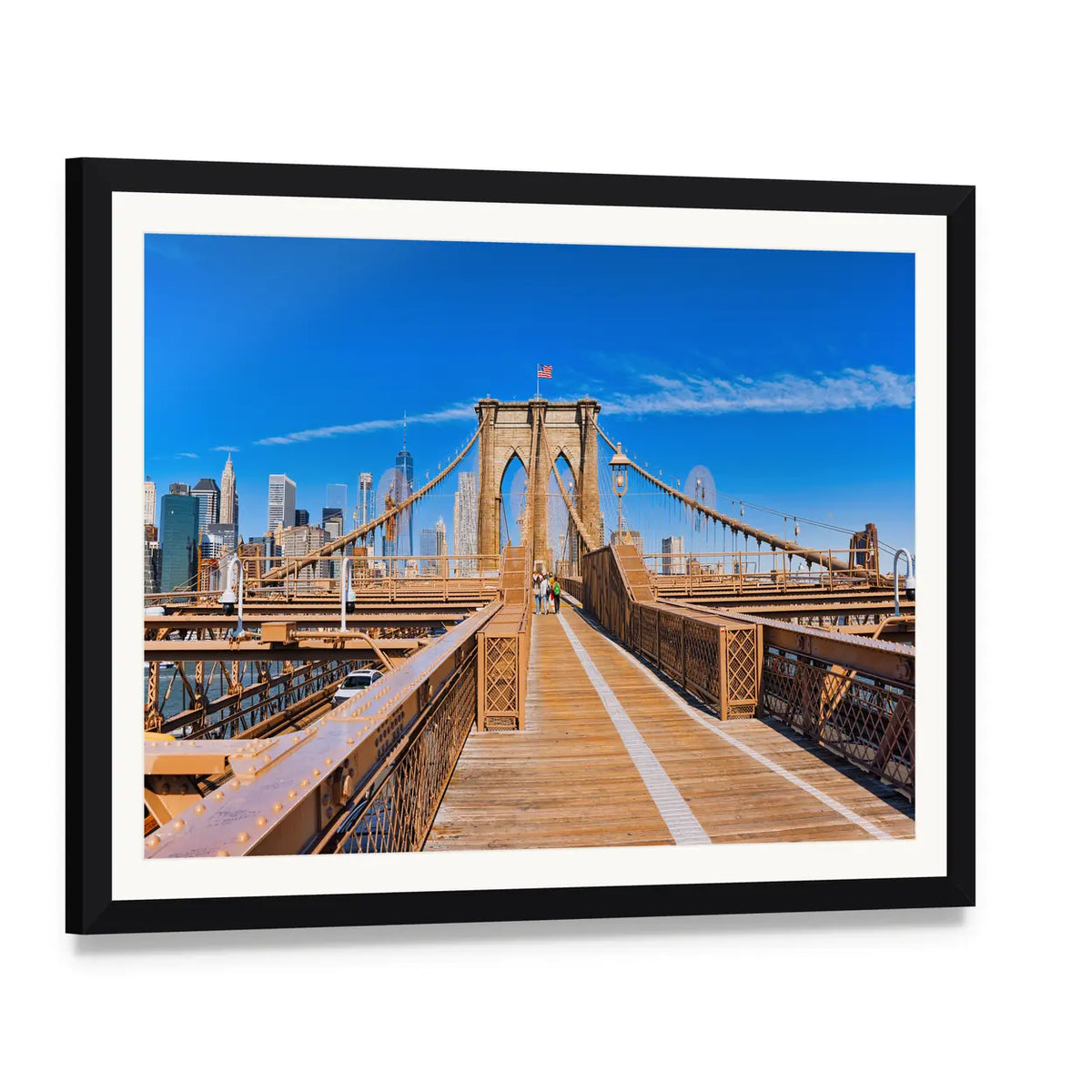 Lower Manhattan from Brooklyn Bridge Canvas Wall Art, framed print with white mat and black frame, angled product view