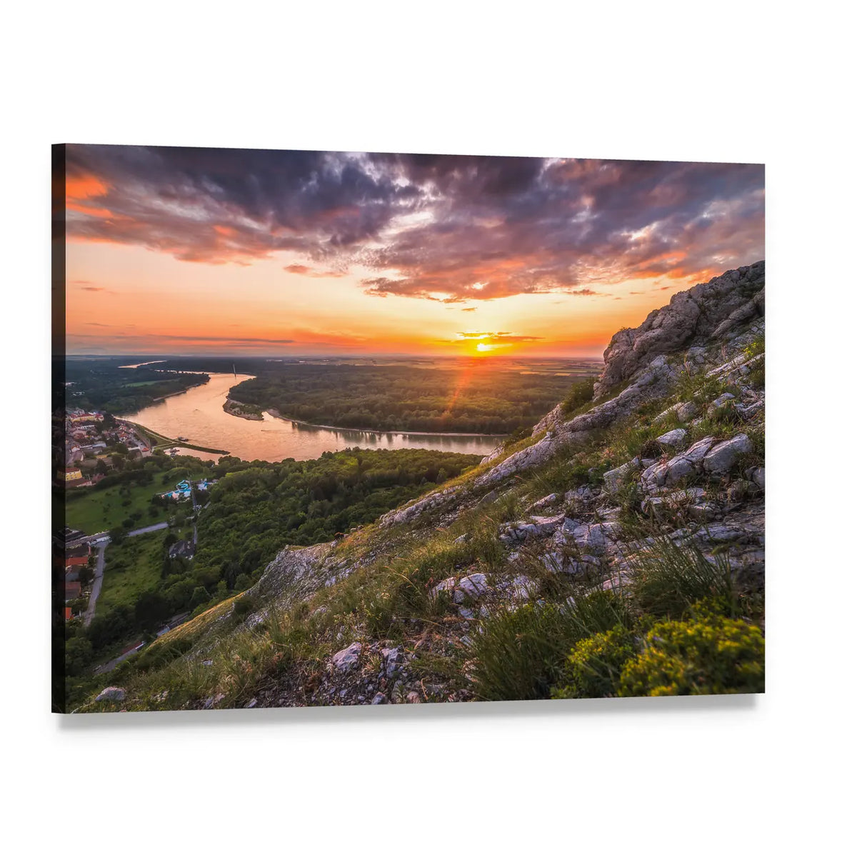 Sunset Over Rocky River Canvas Wall Art, single panel gallery wrapped canvas, angled product view