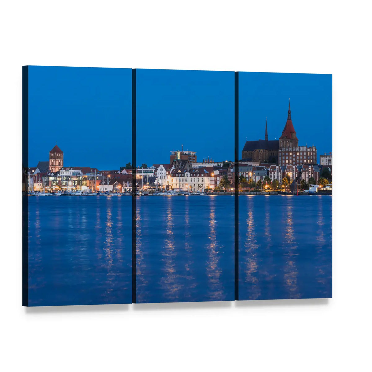Harbor at Dusk with Gothic Spires Canvas Wall Art, 3 panel 3 Horizontal layout gallery wrapped canvas set, angled product view