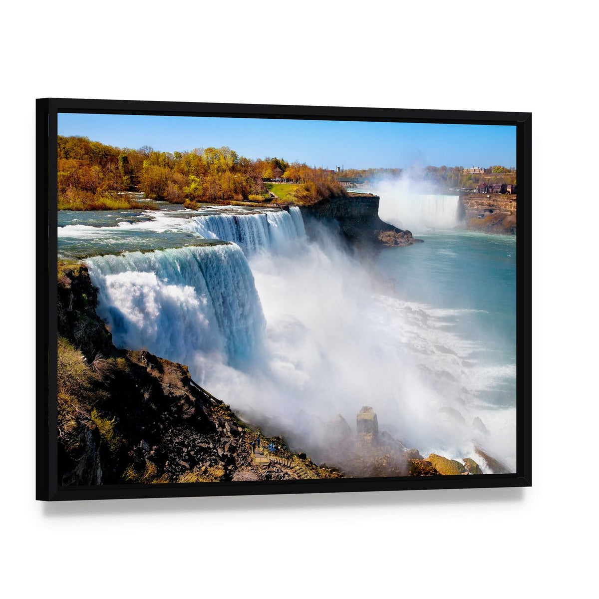 American Side of Niagara Falls Canvas Wall Art, framed canvas in a black floater frame, angled product view