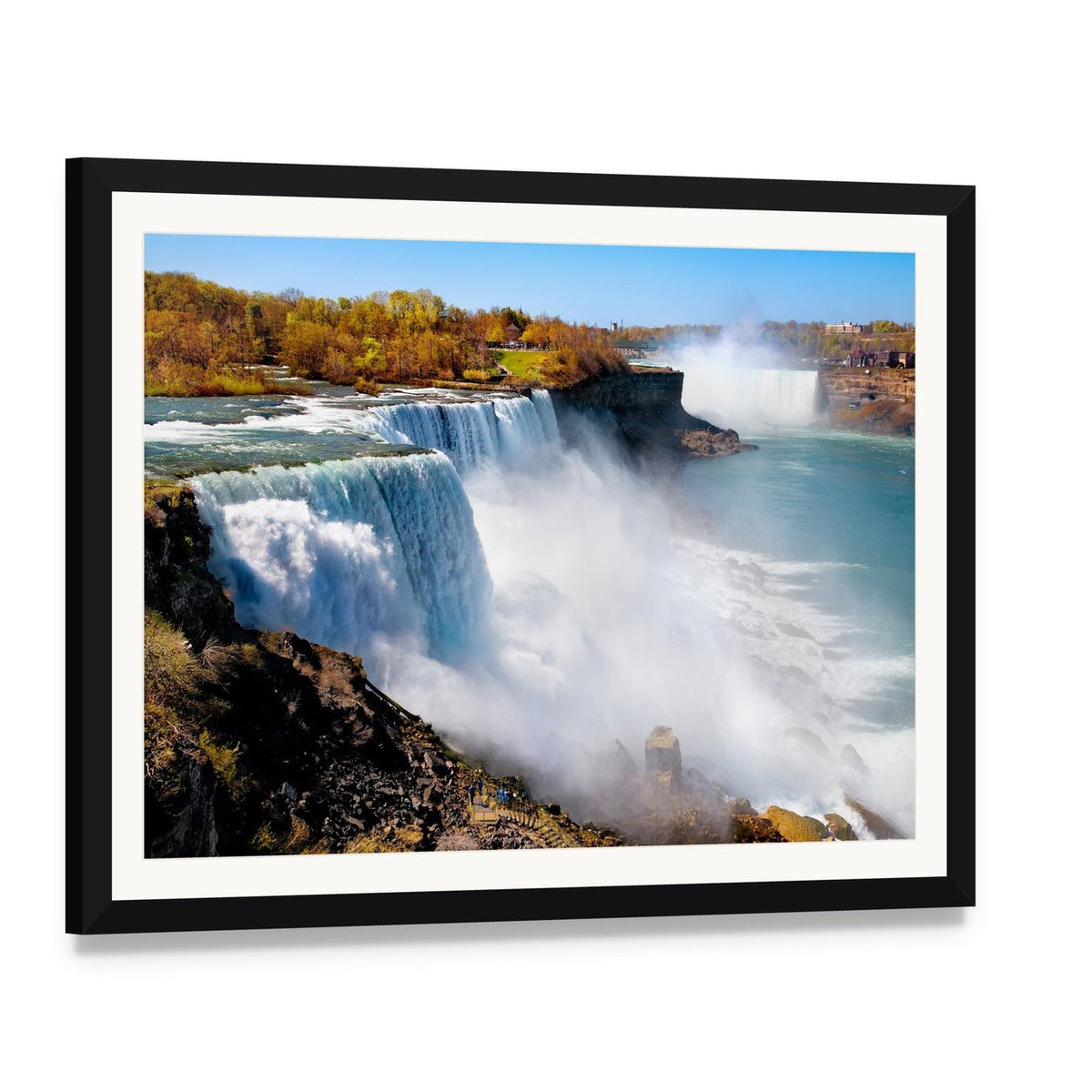 American Side of Niagara Falls Canvas Wall Art, framed print with white mat and black frame, angled product view