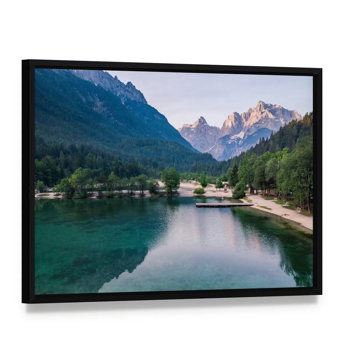 Lake Jasna Sunrise with Mountains Canvas Wall Art, framed canvas in a black floater frame, angled product view