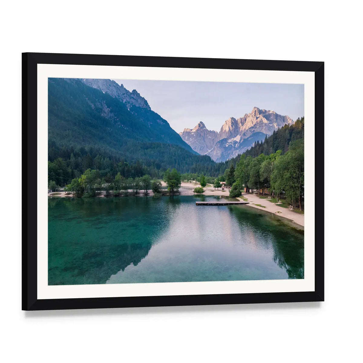 Lake Jasna Sunrise with Mountains Canvas Wall Art, framed print with white mat and black frame, angled product view