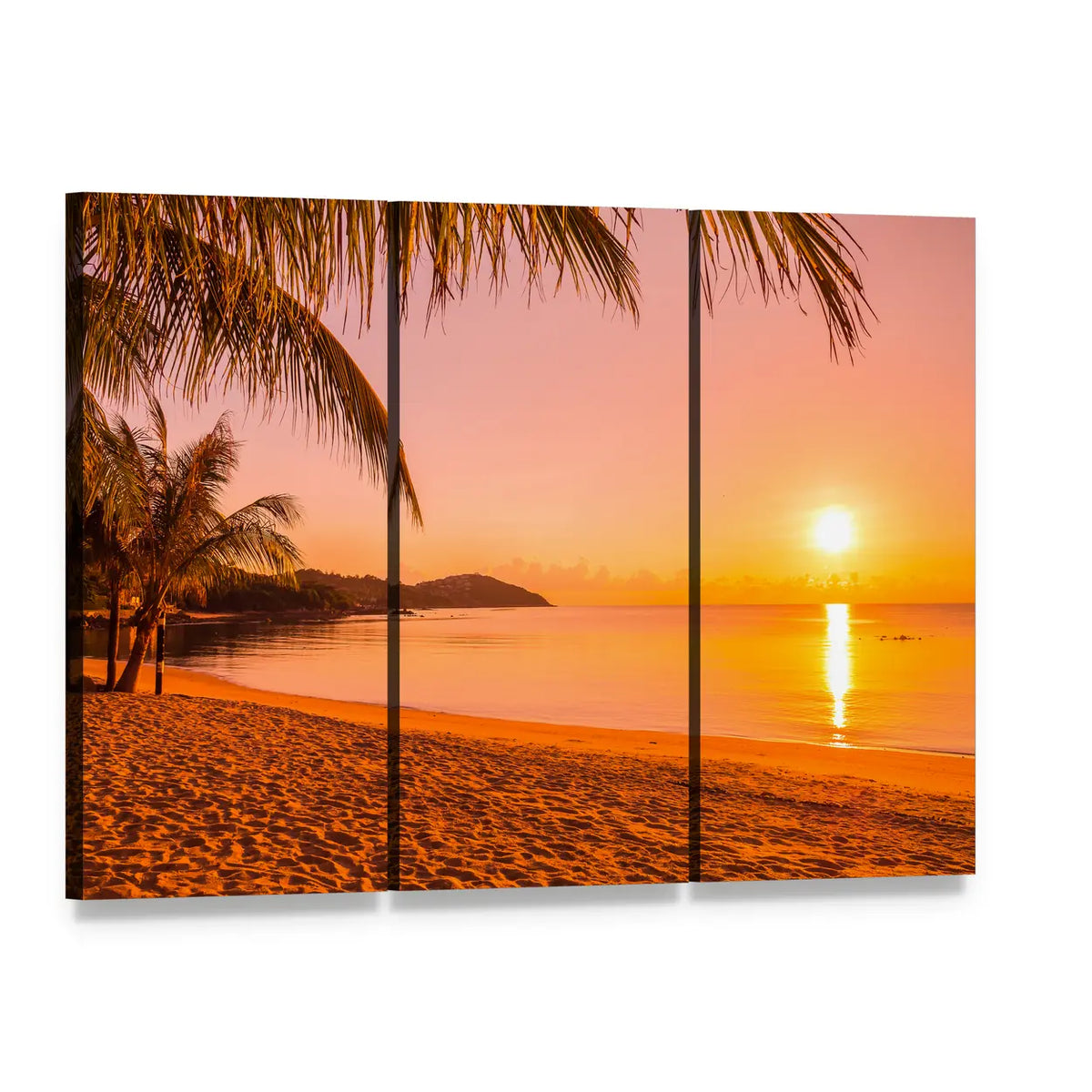 Beach at Sunrise Canvas Wall Art, 3 panel 3 Horizontal layout gallery wrapped canvas set, angled product view