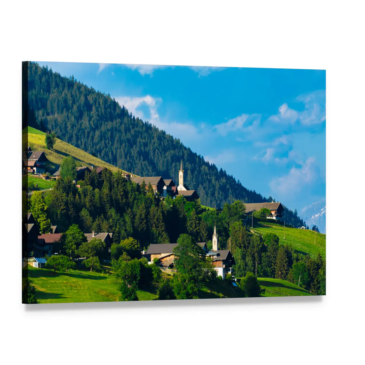 Alpine Village with Church Steeple Canvas Wall Art, single panel gallery wrapped canvas, angled product view